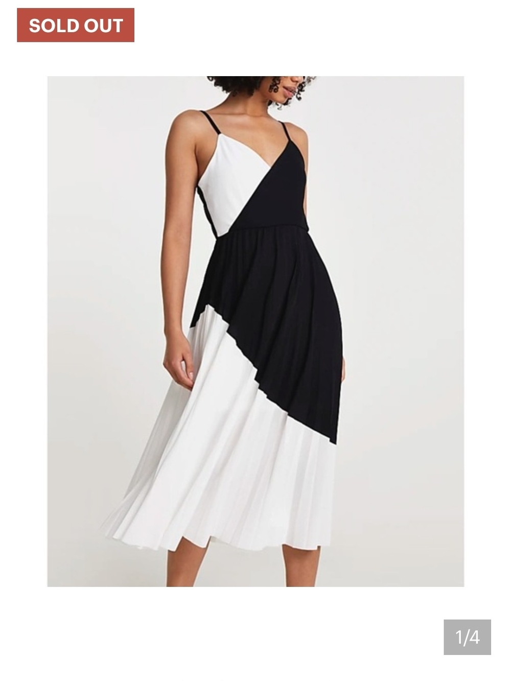 Black & White Pleated Midi Dress with V-Neck